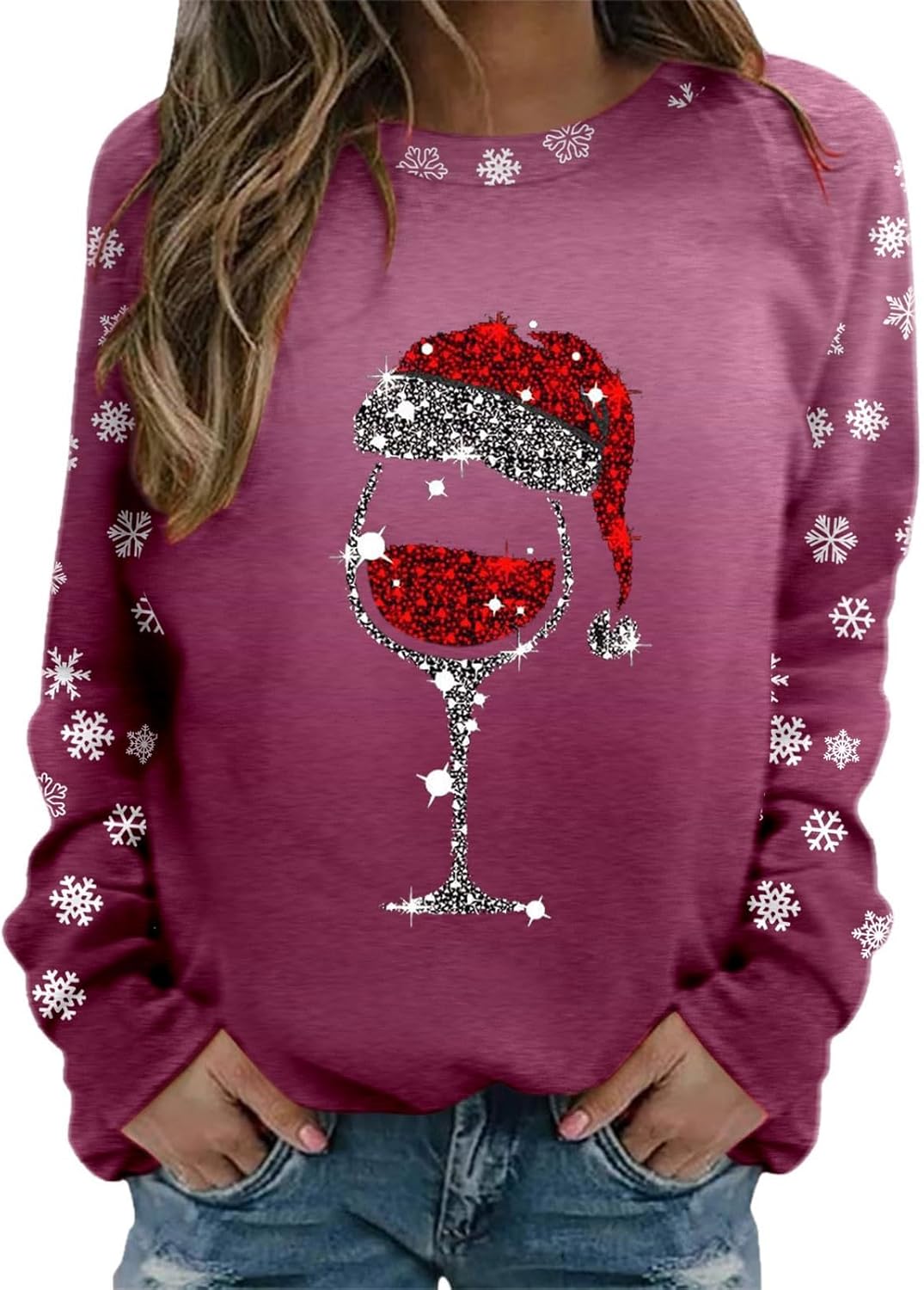 Rhinestone Christmas Sweatshirts for Women Long Sleeve Crewneck Party Shirts Red Wine Glass Print Cute Xmas Tops