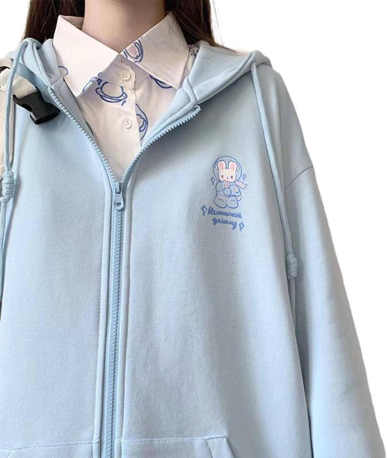 Women's Japanese Loose Kawaii Zip Hoodie Girls Sweet Preppy Jacket Top