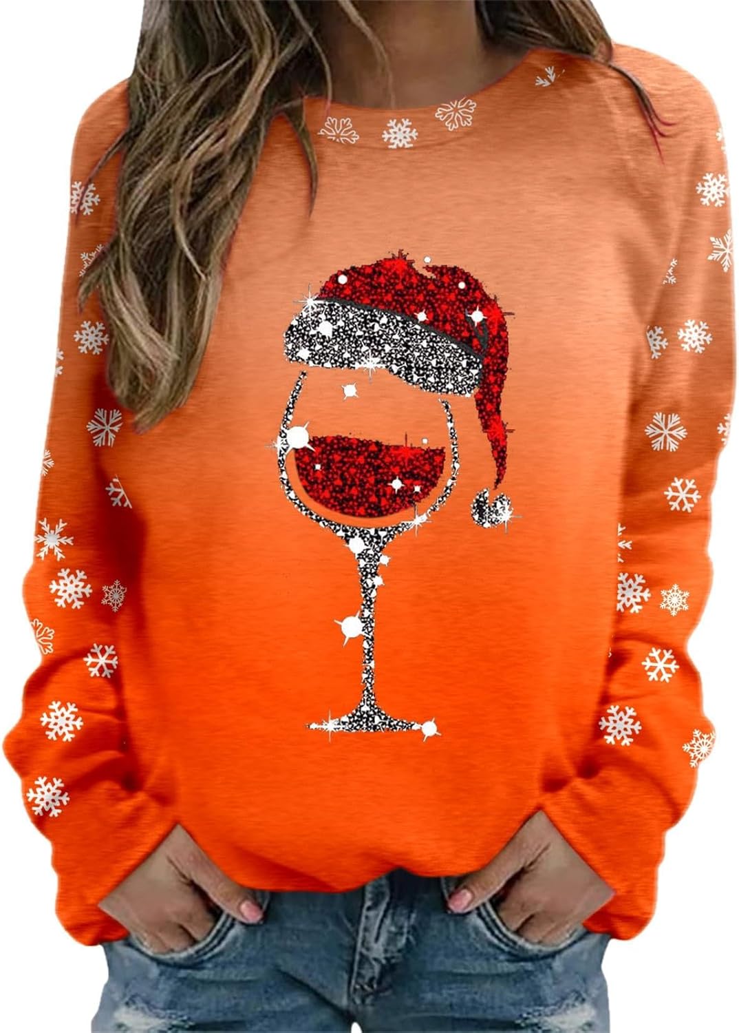 Rhinestone Christmas Sweatshirts for Women Long Sleeve Crewneck Party Shirts Red Wine Glass Print Cute Xmas Tops