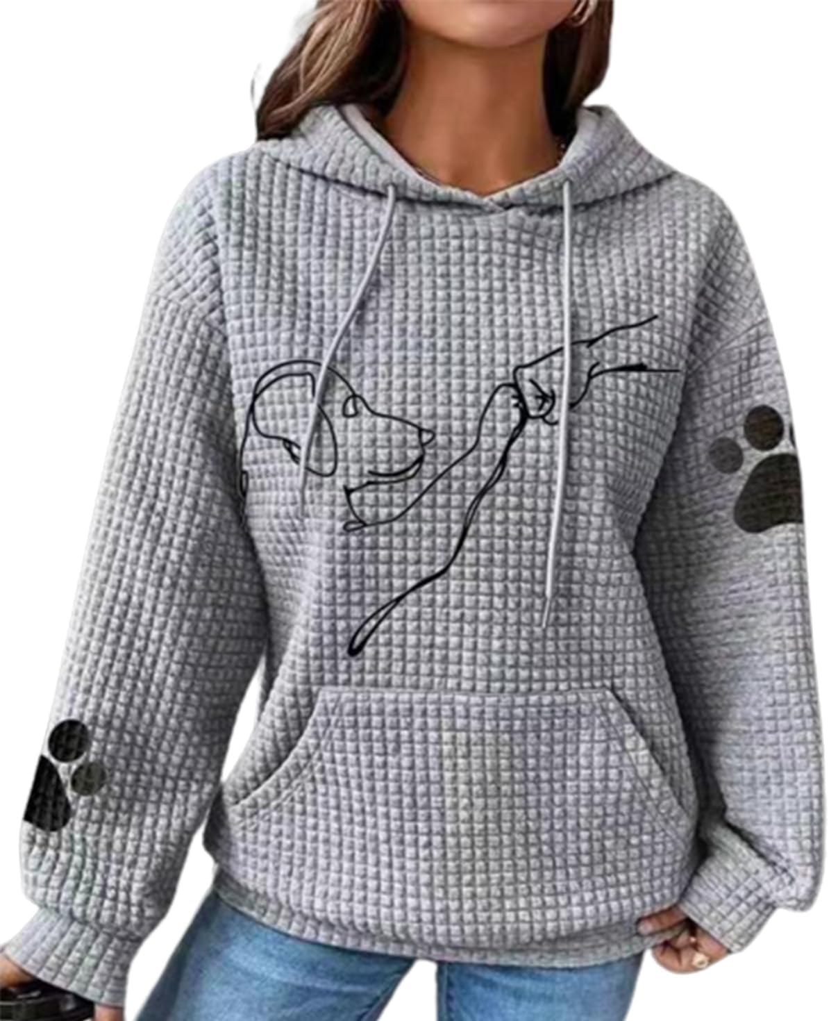Sweatshirt for Women Cute Dog Printed Waffle Knit Pullover Sweater Oversized Hoodie Casual Plus Size Tops with Pocket