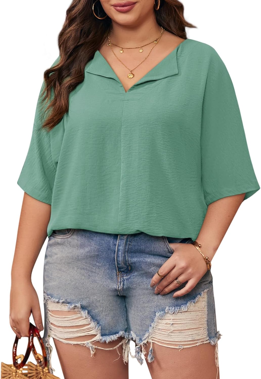 Womens Plus Size Tops Short Sleeve V Neck Tee Blouse Summer Loose Fit Casual Tunic Top
