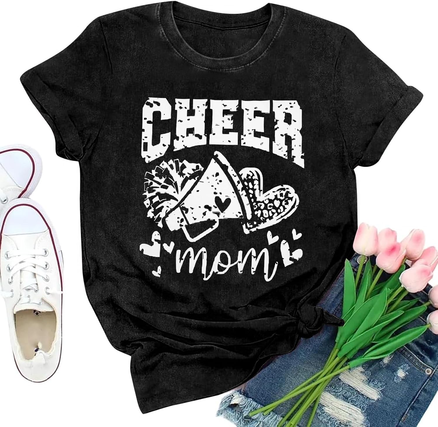 Mama Shirt Cheer Mom Tshirt: Acid Wash Mom Graphic Short Sleeve Shirts - Distressed Vintage Mama Tee Tops